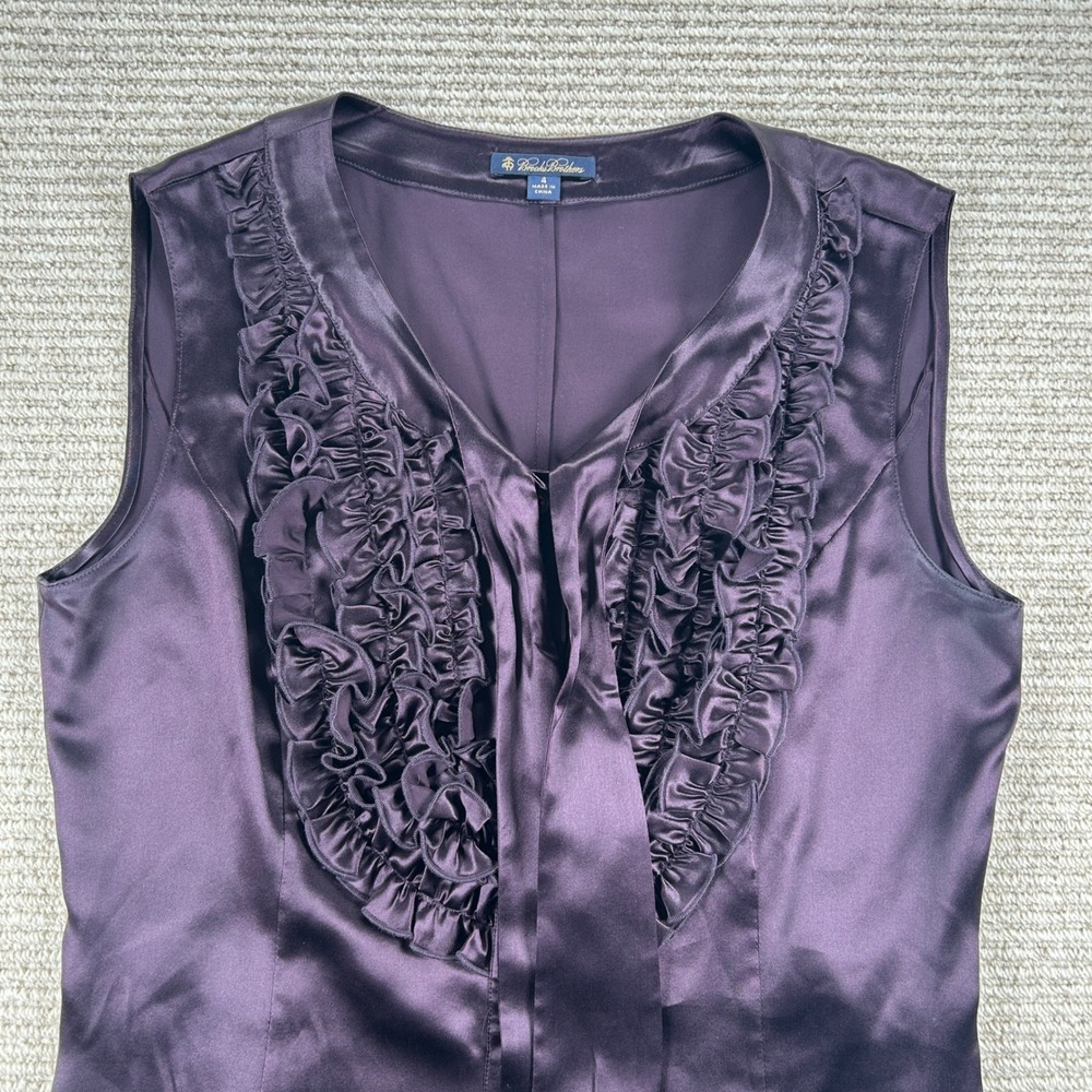 Brooks Brothers Silk Ruffle Front Tie‎ Neck Top Womens 4 Purple Sleeveless Satin - Picture 3 of 13